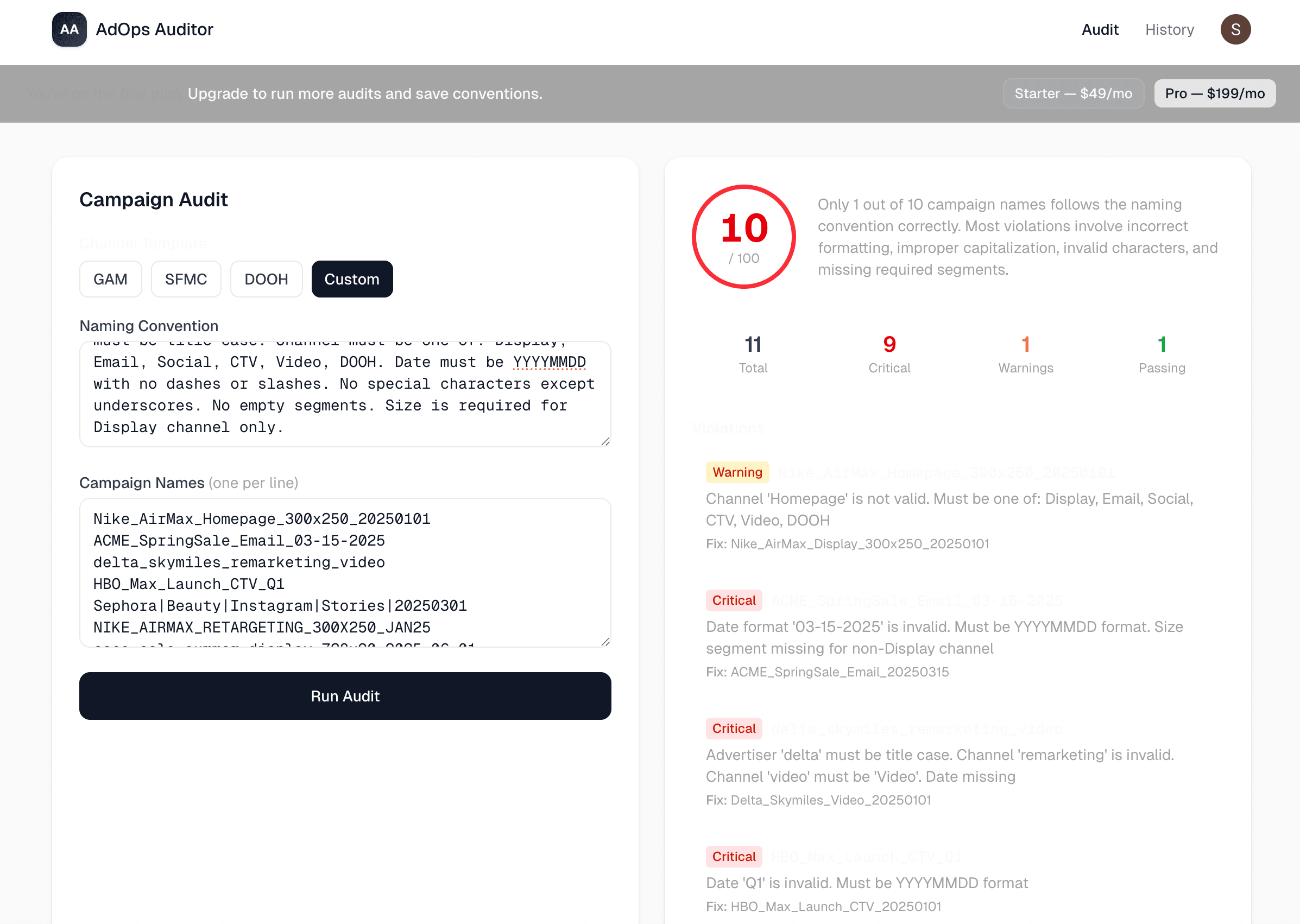 AdOps Auditor product screenshot showing campaign audit results with violations and severity scores
